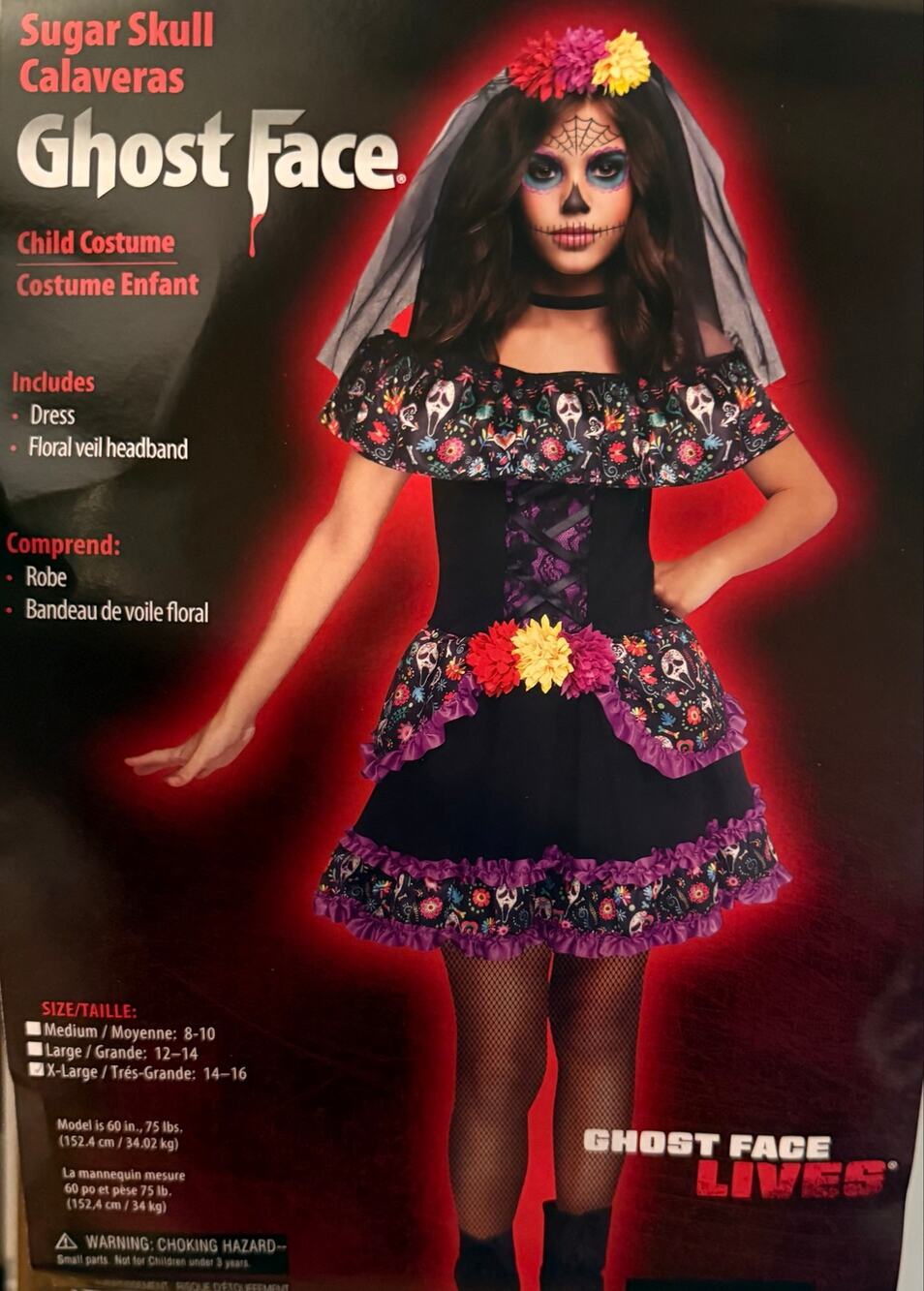 Sugar Skull Ghost Face Costume Dress Girls Size M (8-10) Black Purple NEW